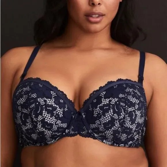 Torrid Bra Women’s 44B Deep Navy Blue Floral Lace Push-Up Demi - Picture 1 of 10